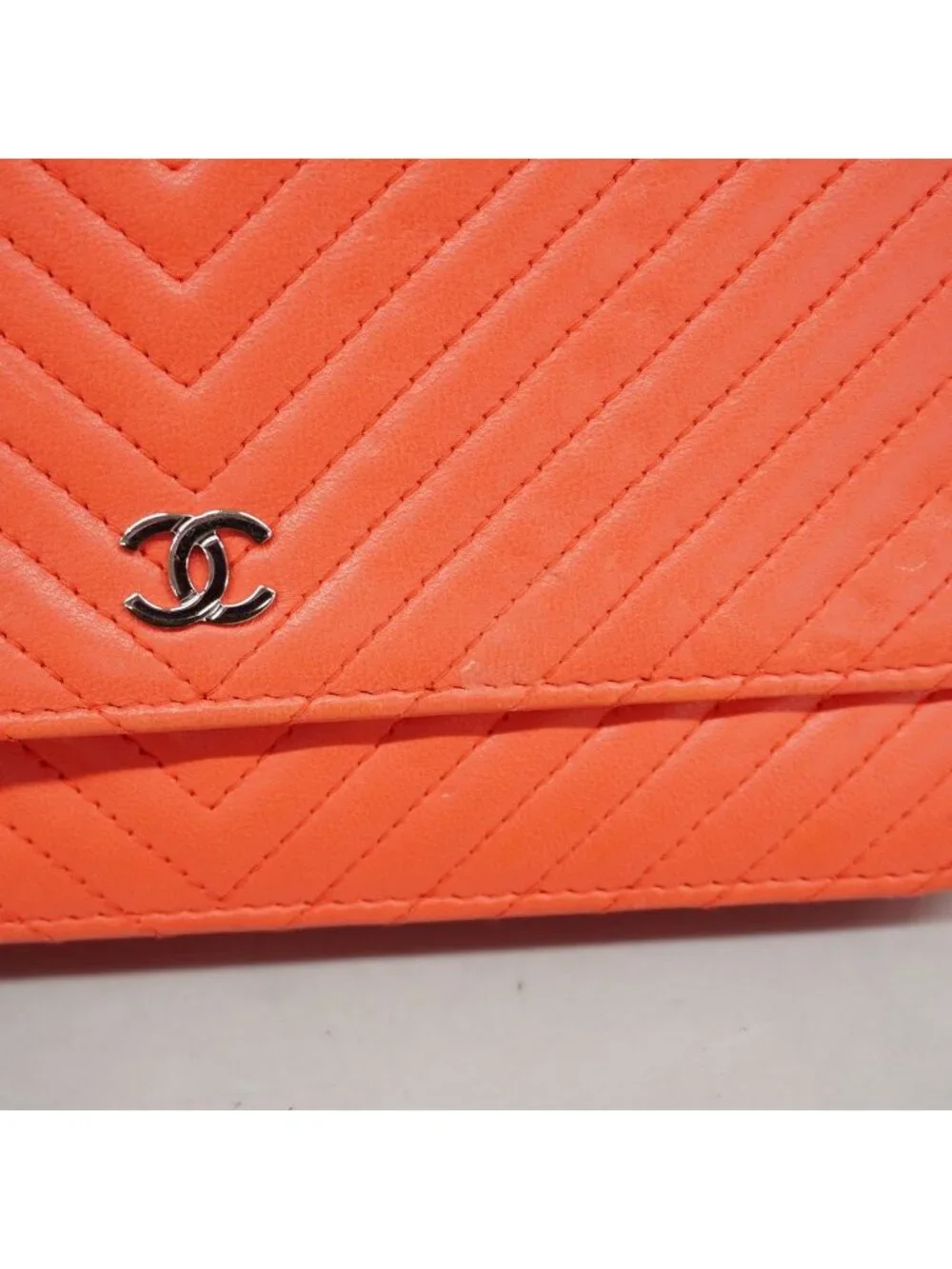 Chanel Wallet on Chain V-stitch Lambskin Orange Silver Shoulder Bag